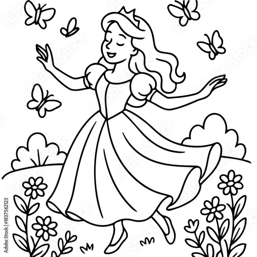 Dreamy Princess's Delight: A princess with flowing hair, gracefully dances amidst a flurry of butterflies in a tranquil garden, her eyes closed in blissful reverie.