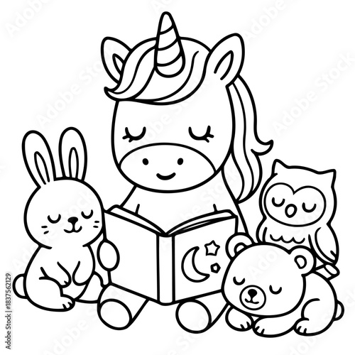 Enchanting Storytime: A whimsical unicorn shares a storybook with its gentle animal companions, inviting children into a world of magic and imagination.