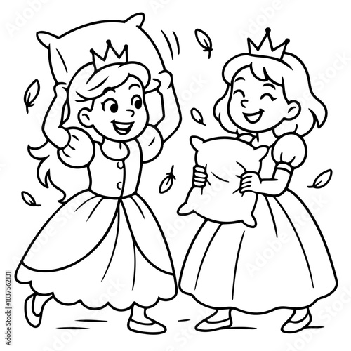 Pillow Fight Fun: Two jovial princesses engage in a spirited pillow fight, their laughter echoing through the air as feathers dance around them, celebrating the exuberance of carefree play.