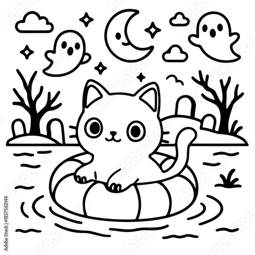 Spooky Halloween Cat Illustration: A whimsical cartoon cat floats serenely on a inflatable ring amidst a graveyard under the twilight sky filled with ghosts and stars.