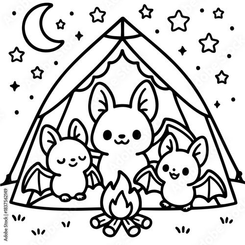 Cozy Bats' Night Camp: A charming illustration featuring a trio of adorable bats, camping under the twinkling stars.