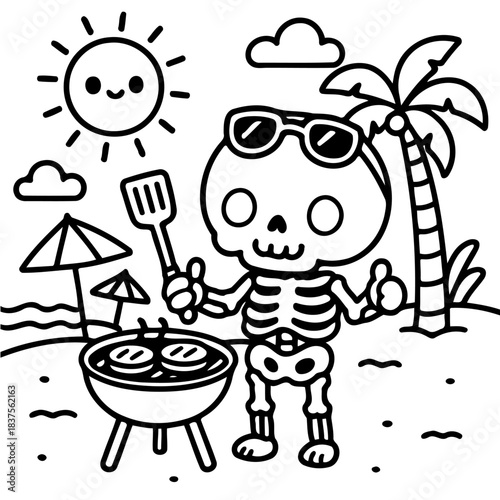 BBQ Skeleton at Beach Party: A jovial skeleton enjoys a summer barbecue on the sandy beach with sunny weather. Fun and cheerful beach celebration. 