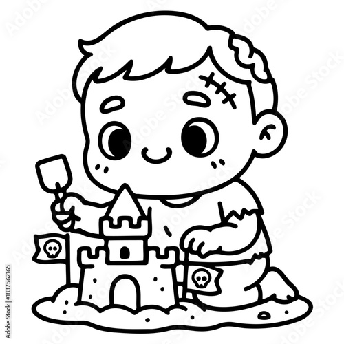 Sandcastle Zombie: A playful zombie boy diligently builds a sandcastle, complete with spooky flags, embodying a whimsical and creative fusion of the undead and childhood imagination.