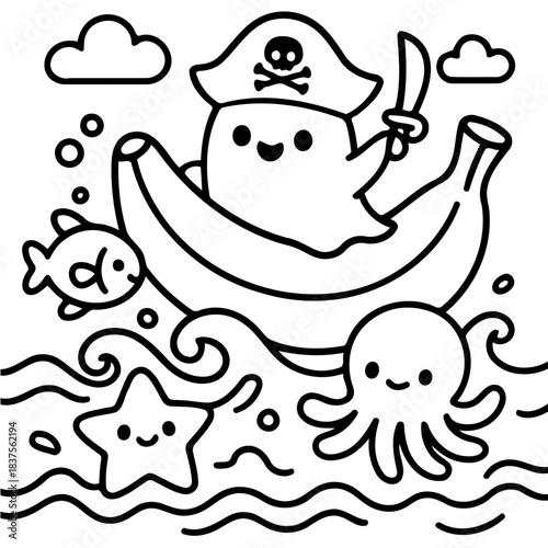 Pirate Ghost on Banana Boat: In a whimsical illustration, a jovial pirate ghost steers a banana boat through playful waves, accompanied by friendly marine life and a whimsical pirate's hat.