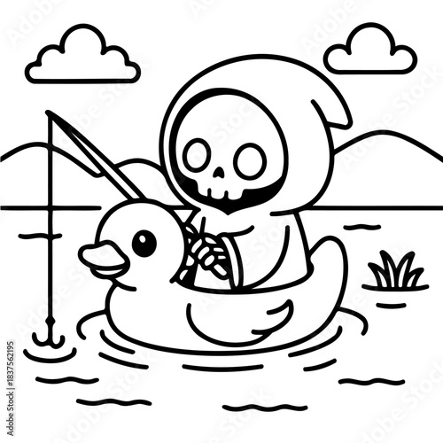 Reaper's Leisure Day: A whimsical, line art illustration presents a skeletal reaper enjoying a peculiar pastime—fishing from a rubber ducky, set against a backdrop of a serene pond and a sunny sky.