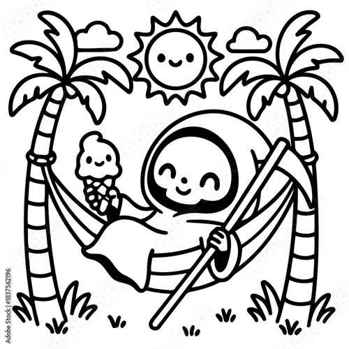 Grim Reaper's Delight: The Grim Reaper enjoys a carefree holiday on a tropical beach, relaxing in a hammock with ice cream and sunshine, embodies a humorous and whimsical contrast.