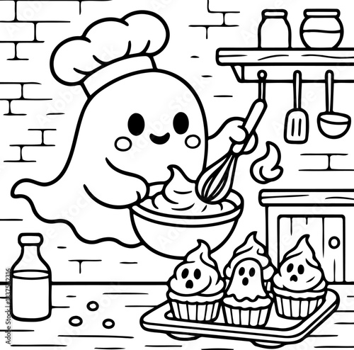 Whimsical Kitchen Ghost: A jovial ghost chef, complete with toque, happily whisks ingredients in a kitchen setting, crafting delightful ghost-themed cupcakes. 