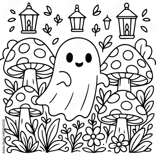Spooky Meadow Dweller: A friendly ghost in a whimsical forest setting, surrounded by charming mushrooms, lanterns, flowers and plants, offering a cute illustration with festive flair.