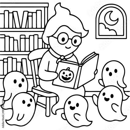 Enchanting Storytime: A friendly specter captivates a captivated audience of little ghost with a whimsical story from a book, while the moon casts a gentle glow through a nearby window.