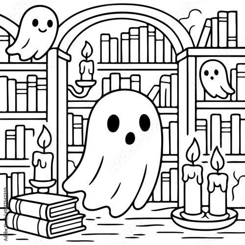 Spooky Library Ghosts: Playful spectral figures haunt a cozy library setting, with stacks of books and candles adding to the eerie charm.