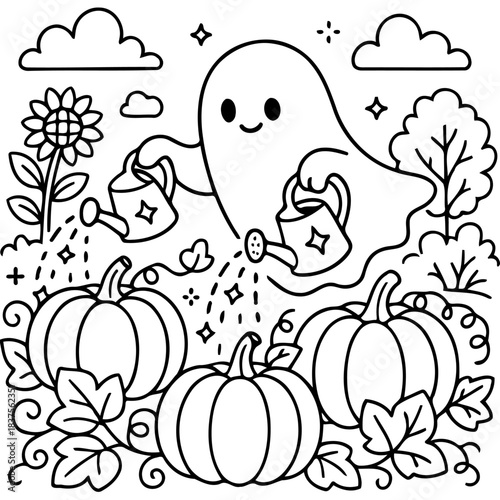 Ghost watering Pumpkins: An adorable specter tends to a trio of pumpkins with care in a whimsical garden setting, embracing the charm of the harvest season.
