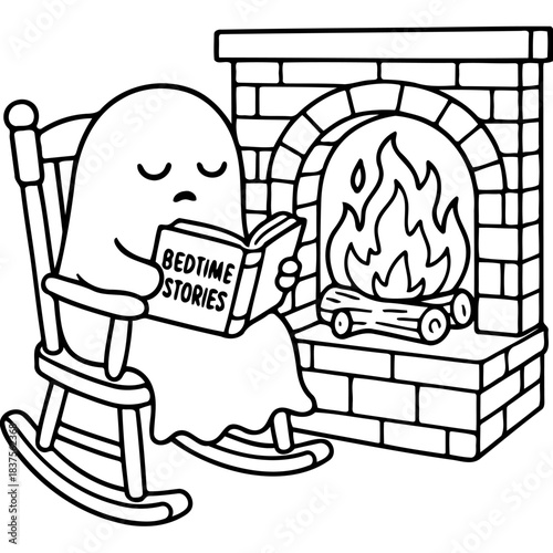 Cozy Ghost's Bedtime: A cute ghost, enveloped in tranquility, curls up with a book of bedtime stories beside a crackling fireplace, creating a warm, inviting scene for peaceful dreams.