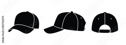 Black baseball cap from different angles on a white background