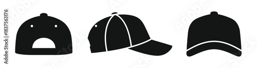 Three Baseball Cap Icons Viewed From Different Angles on White Background