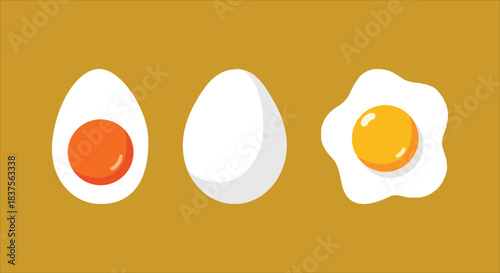 Collection of animated egg illustrations a whole egg, a half-boiled egg, and a fried egg, ideal for food-related designs