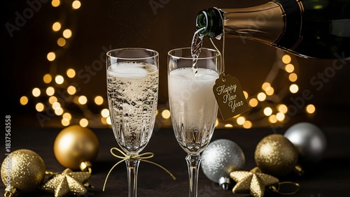 New Year Champagne Toast Celebration Gold Ornaments Festive Holiday Sparkling Wine Glasses Party