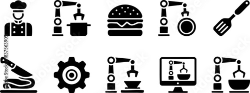 Black silhouette icons of food, tech, and navigation including pizza, smartphone, drone, map, and geolocation for lifestyle and app design.