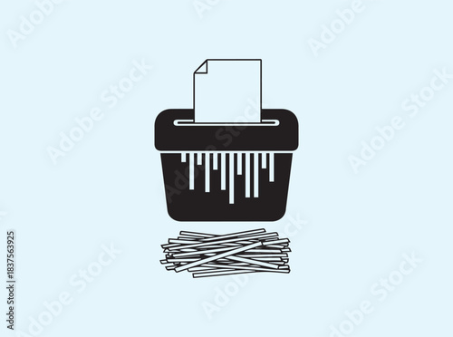 Modern paper shredder silhouette with shredded paper lines in clean vector style
