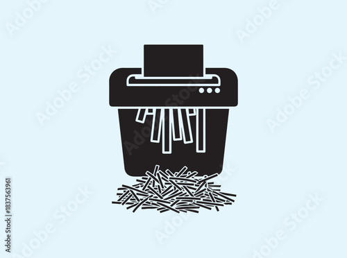 Black vector silhouette of paper shredder with falling paper strips isolated on white

