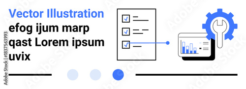 Checklist with marked tasks, analytics dashboard, and gear for process automation. Ideal for productivity, workflow, task management, project planning, analytics, optimization simple landing page