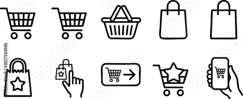 Black icons of shopping and e-commerce including carts, bags, baskets, mobile checkout, and purchase actions
