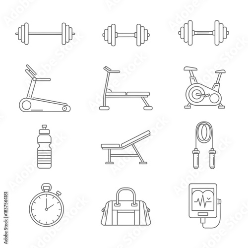 Get Fit Now! Minimalist fitness equipment icons for a sleek, modern gym or workout concept, originally vector-based for clarity and impact
