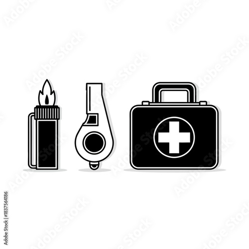 Emergency readiness icons featuring a first aid kit, whistle, and lighter to ensure safety during camping, hiking, and outdoor adventures