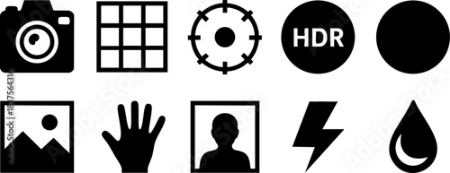 Black-and-white icons of camera and photo settings including HDR, flash, focus, portrait, gallery, and manual controls
