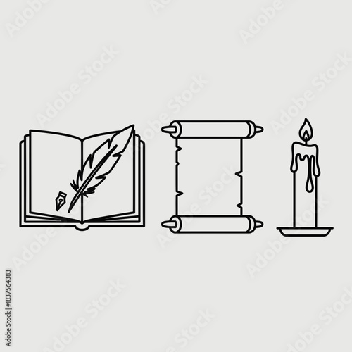 Ancient knowledge concept with book, feather quill, scroll, and candle, ideal for history, education, or fantasy projects, originally a scalable vector graphic
