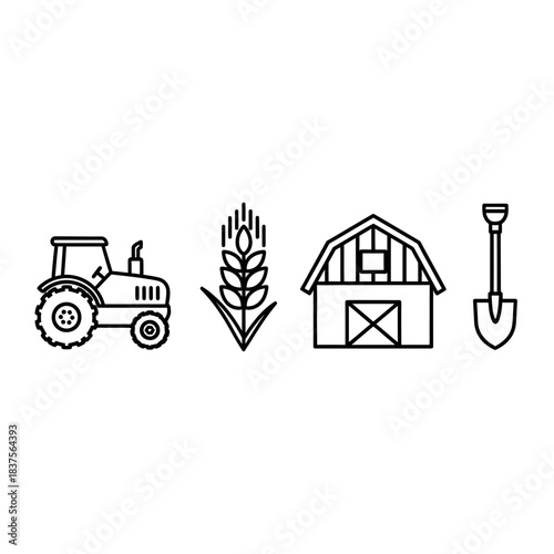 Charming farm icons with tractor, wheat, barn, and shovel evoke rustic country charm and agricultural heritage, ideal for branding and marketing materials