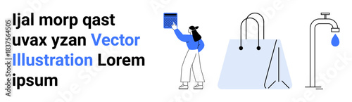 Shopping, design, sustainability, minimalism, water conservation, eco lifestyle. Woman holding a square object, shopping bag and faucet with a droplet. Shopping and water conservation visual