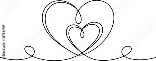 Elegant line art of intertwined hearts with decorative swirls, perfect for romantic, wedding, or celebratory design themes.
