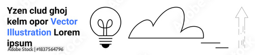 Innovation, cloud technology, graphic design, creativity, growth concepts, modern communication. Features a light bulb, cloud and upward arrow. Innovation and cloud technology illustrated visually