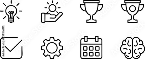 Black-and-white icons of productivity and motivation including ideas, goals, planning, achievement, and mental focus