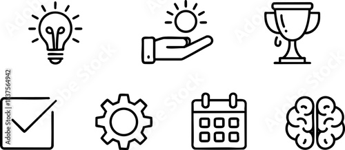 Black-and-white icons of productivity and motivation including ideas, goals, planning, achievement, and mental focus