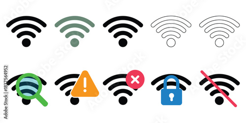 Wi-Fi symbol and indicator vector set, featuring full, weak, error, security, and no-connection status icons, ideal for user interfaces