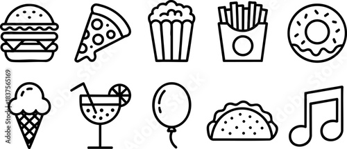 Black-and-white icons of party food and fun including burger, pizza, donut, ice cream, drink, taco, balloon, and music