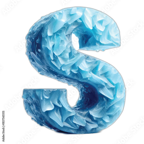 Uppercase letter S crafted from glistening, baby blue ice shards, resembling a frozen, crystalline sculpture.