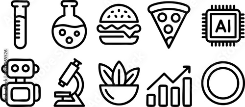 Black-and-white icons of science, food, AI, and growth including lab tools, robot, pizza, plant, and data chart