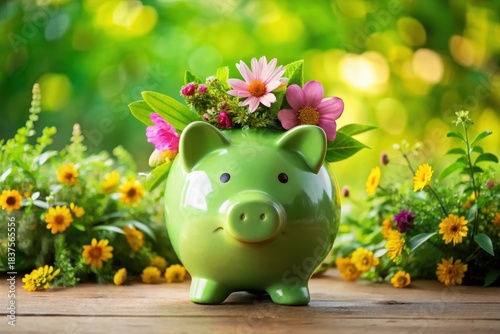 Wallpaper Mural A vibrant green piggy bank adorned with a delightful bouquet of wildflowers, nestled amidst a lush garden setting, symbolizes the flourishing growth of savings and financial prosperity. Torontodigital.ca