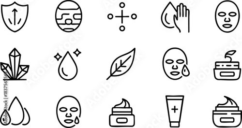 Black-and-white icons of skincare and beauty including hydration, masks, creams, natural ingredients, and protection