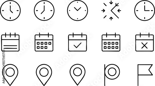 Black-and-white icons of clocks, calendars, and location markers for time tracking, scheduling, and navigation interfaces