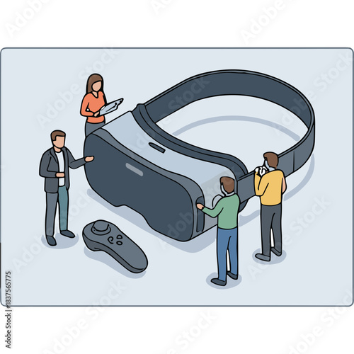 Group of diverse people collaborating around a large virtual reality headset and controller with futuristic technology and innovation concept on a clean light blue background isometric view