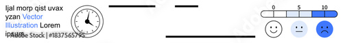 Time management, performance evaluation, user feedback, progress tracking, satisfaction rating, productivity tools. Clock icon beside a feedback rating slider with emotions. Time management