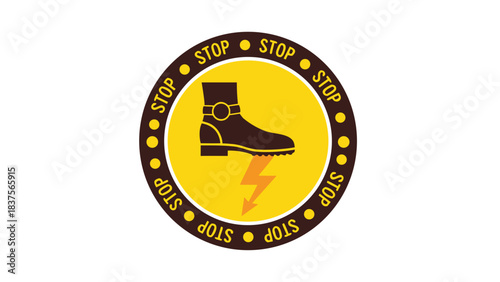 Stop Sign Symbol Featuring a Boot and Lightning Bolt on a Yellow Circle with Repeating Stop Text