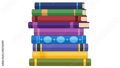 Stack of Ten Assorted Color Hardcover Books With Gold Trim and Subtle Patterns Against a Black Background Simple Flat Design Illustration