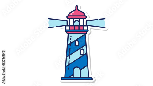 Striped Lighthouse With Beams Of Light Emitting From Lantern Room In Blue And Pink Colors On Black Background With White Border
