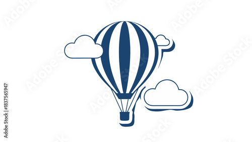 Stylized Blue and White Hot Air Balloon Ascending Amidst Fluffy Clouds Against a Transparent Black Background