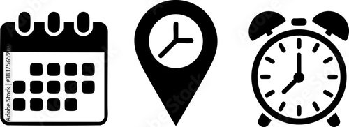 Black icons of calendar, location pin with clock, and alarm clock representing scheduling, appointments, and time management in minimalist style.
