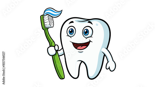 Smiling Cartoon Tooth Character Holding a Green Toothbrush With Blue and White Toothpaste Isolated on Black Background